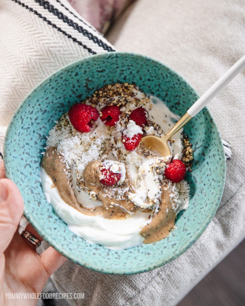 Delicious Greek Yogurt Breakfast Bowl With Nut Butter Berries Yummy