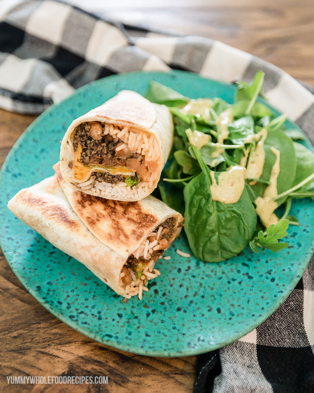 Chopped mushrooms mixed with ground beef makes a budget-friendly burrito filling